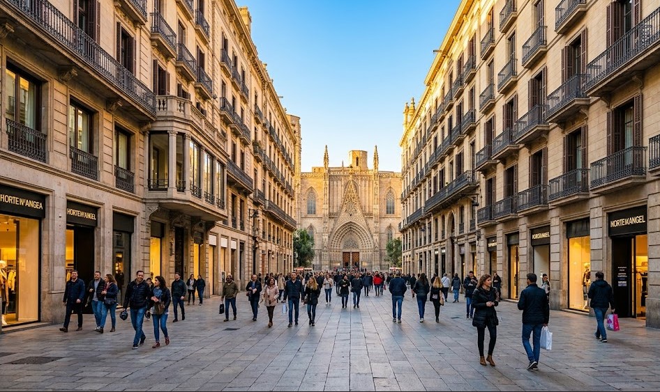 Vistas de la iglesia de Santa Anna, las calles comerciales del centro histórico y el bullicio de Barcelona